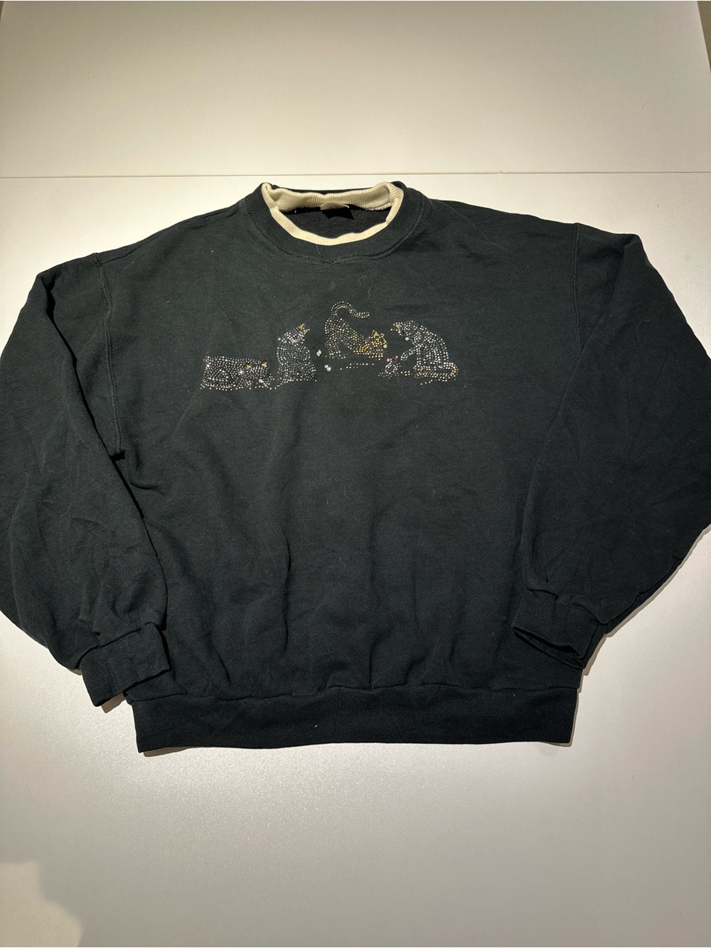 Jerzees Black Crewneck Sweatshirt with Rhinestone Animal Design and Cream Trim